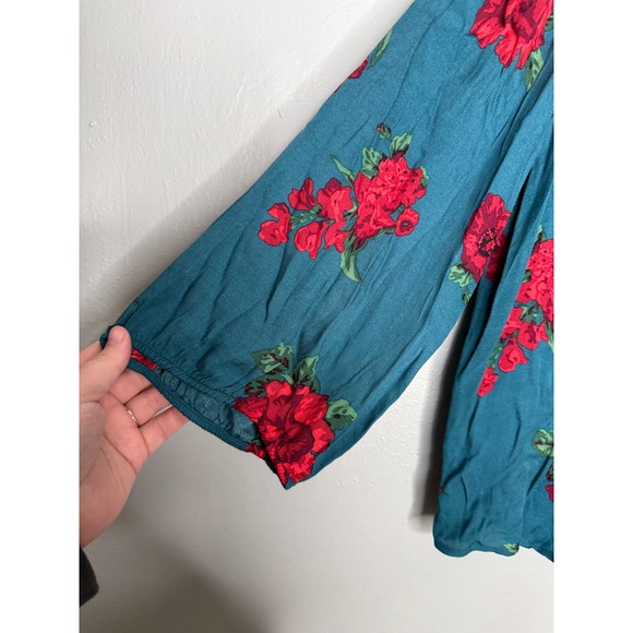 Anthropologie Maeve Kalas teal henley floral woven blouse - Picture 8 of 10